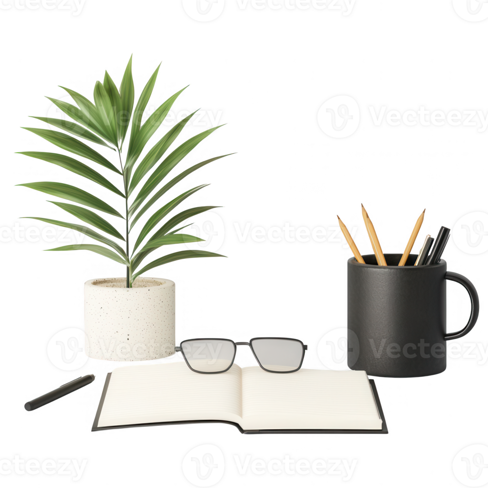 A stylish workspace arrangement with plants, notebook, and stationery for inspiration. png