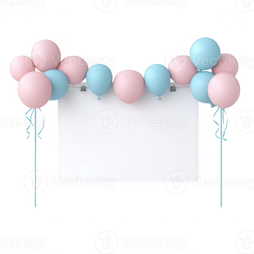 A vibrant arrangement of pink and blue balloons framing a blank sign for celebrations. png