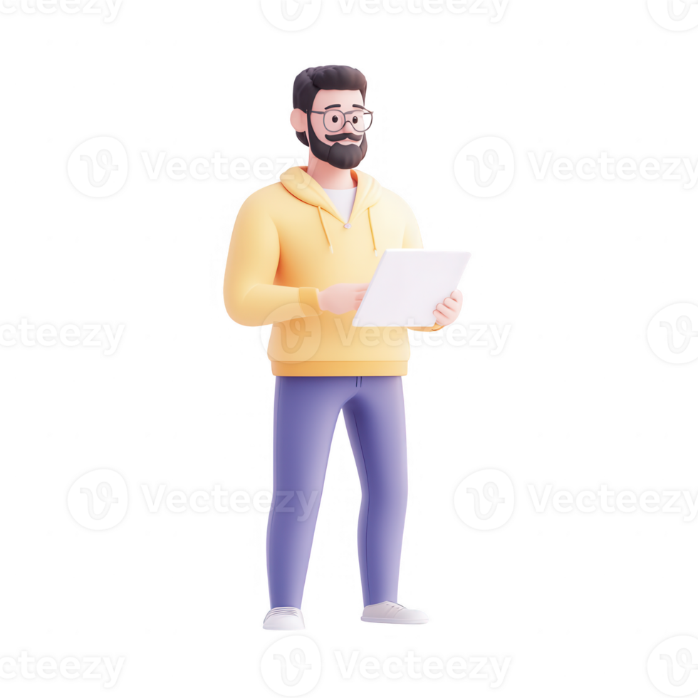 A young man stands holding documents in a stylish, casual outfit with a confident expression. png