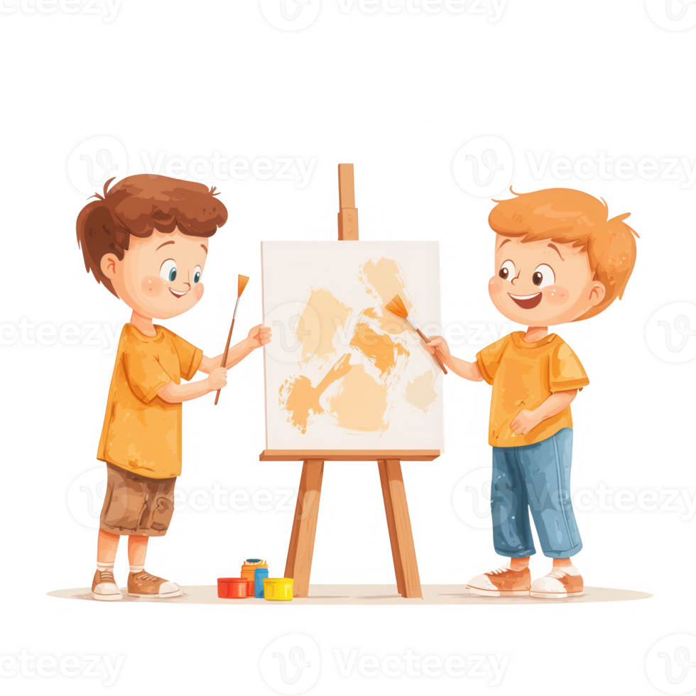 Two cheerful boys painting together on an easel, exploring their creativity and friendship. png