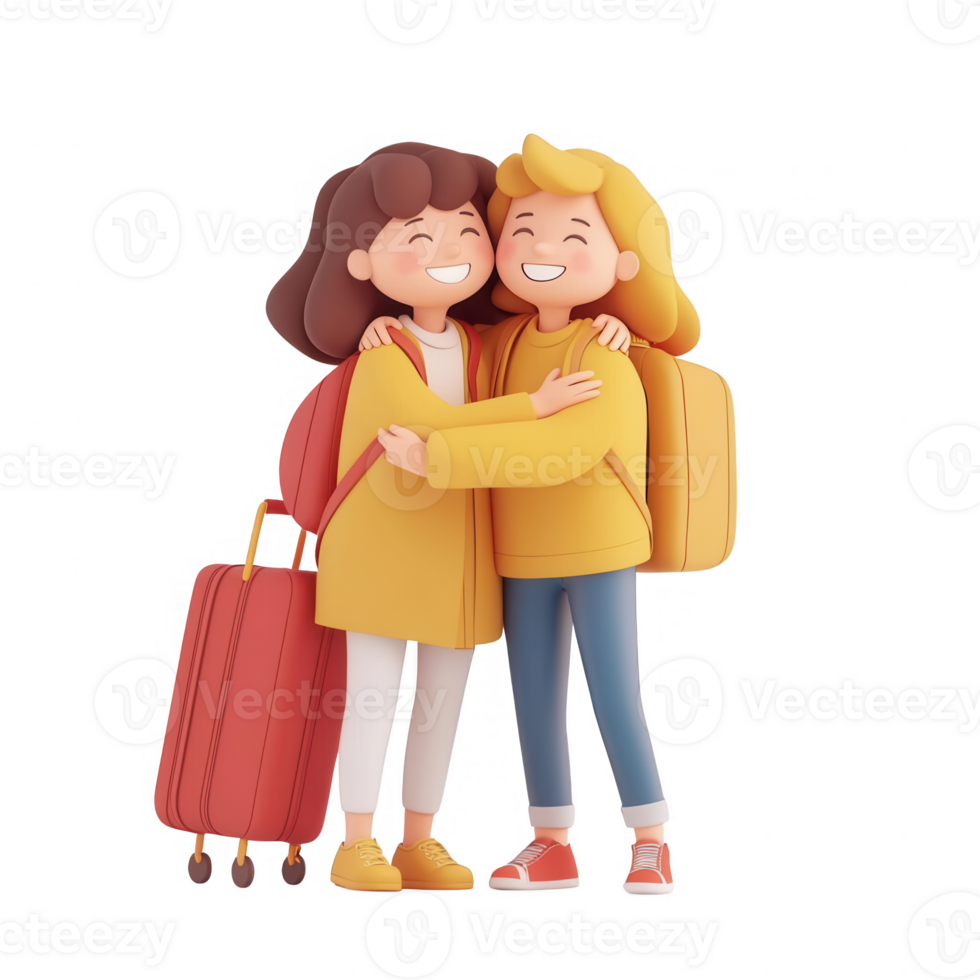 Two joyful friends embracing each other, ready for an adventure with their luggage. png