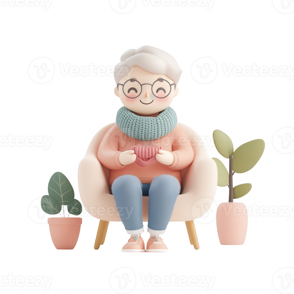 A cheerful elderly person relaxing with plants and hobbies in a cozy environment. png