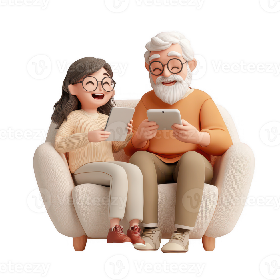 A charming illustration of a grandfather and granddaughter enjoying tablets together. png