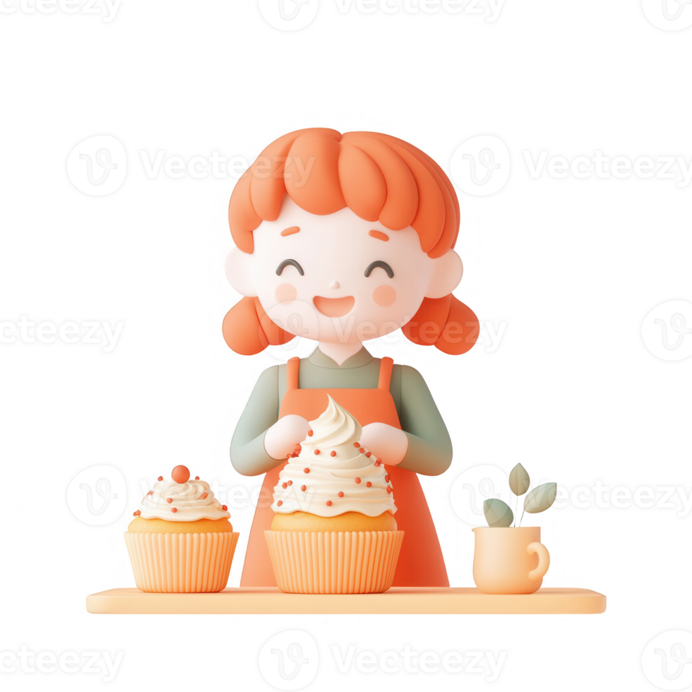 A cheerful girl decorating cupcakes with frosting and sprinkles, showcasing culinary skills. png