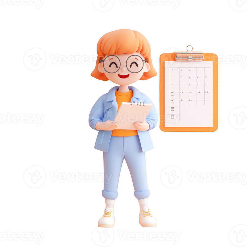 A cheerful girl holding a clipboard and a calendar, ready for planning and organization. png