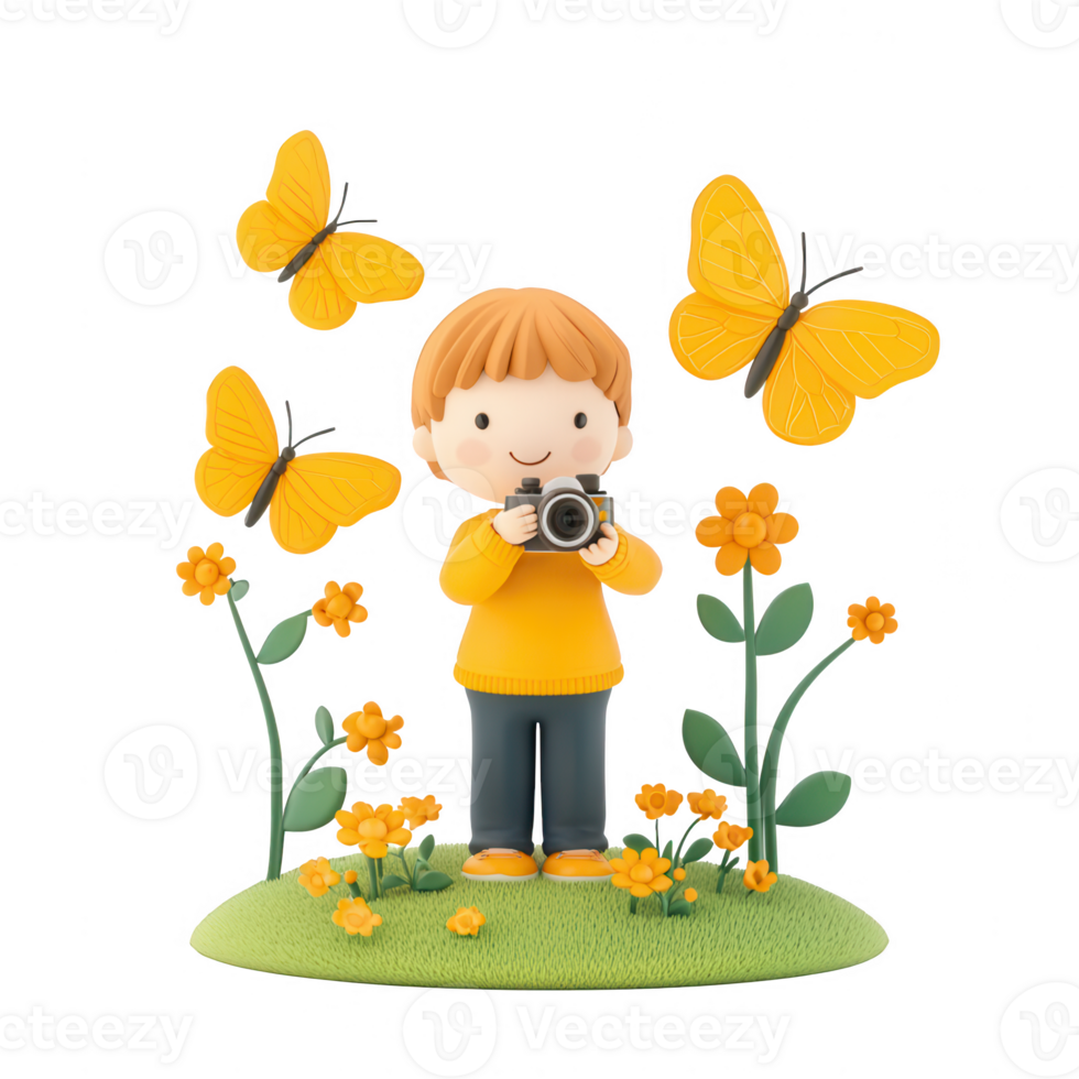 A cheerful child capturing moments in a vibrant flower garden with butterflies. png