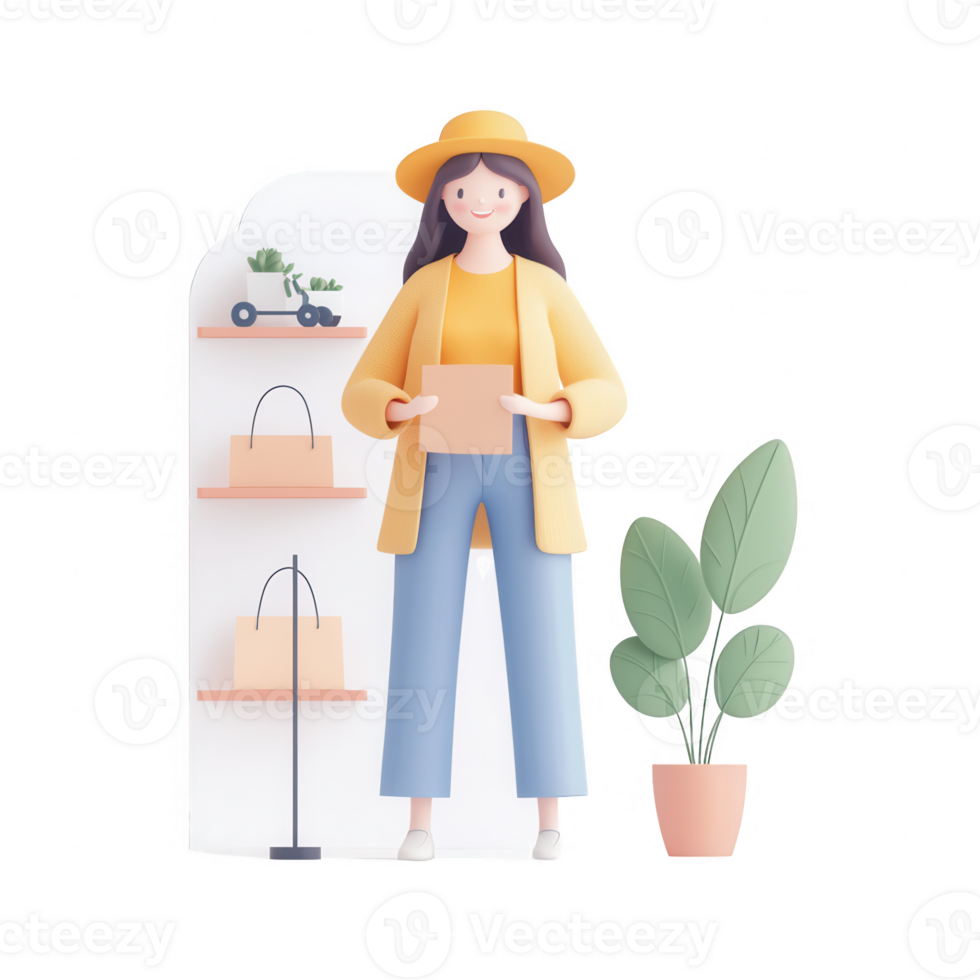A cheerful woman standing with a plant in a stylish shop setting. png
