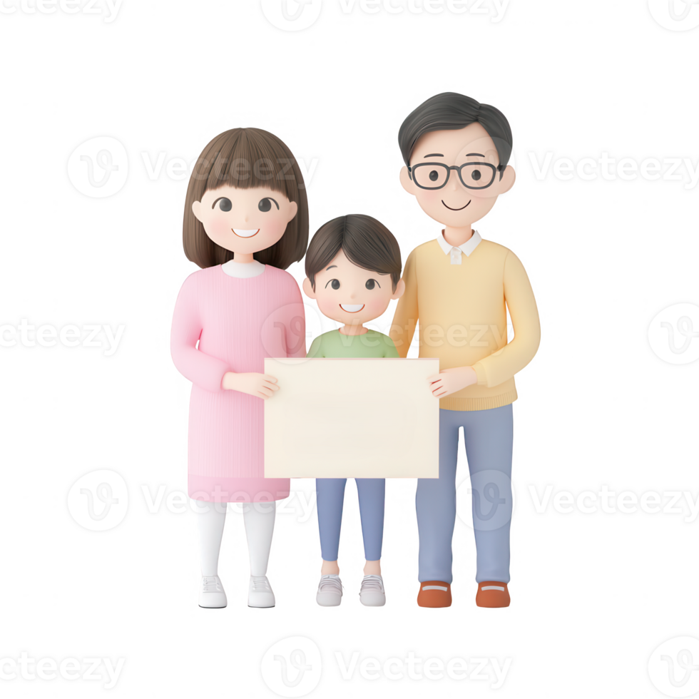 A happy family of three holding a blank sign with smiles and warmth. png