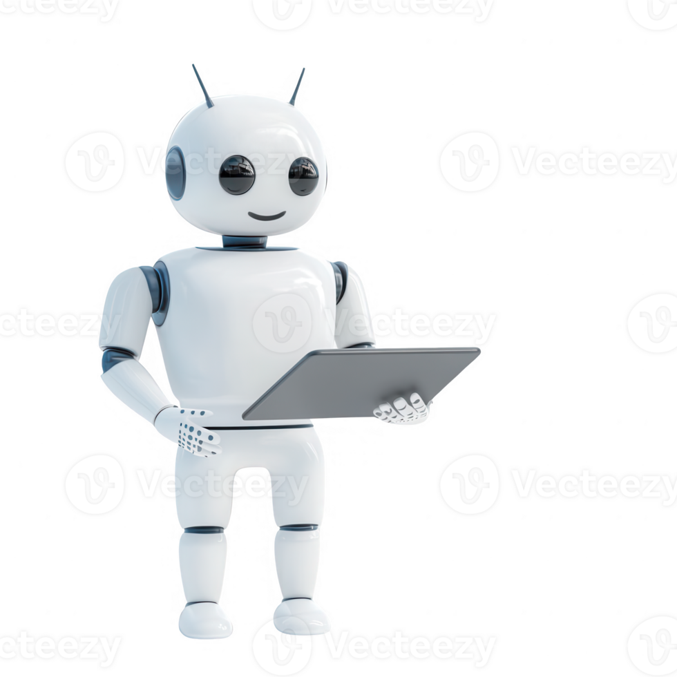 A friendly robot holding a tablet, showcasing advanced technology and innovation. png
