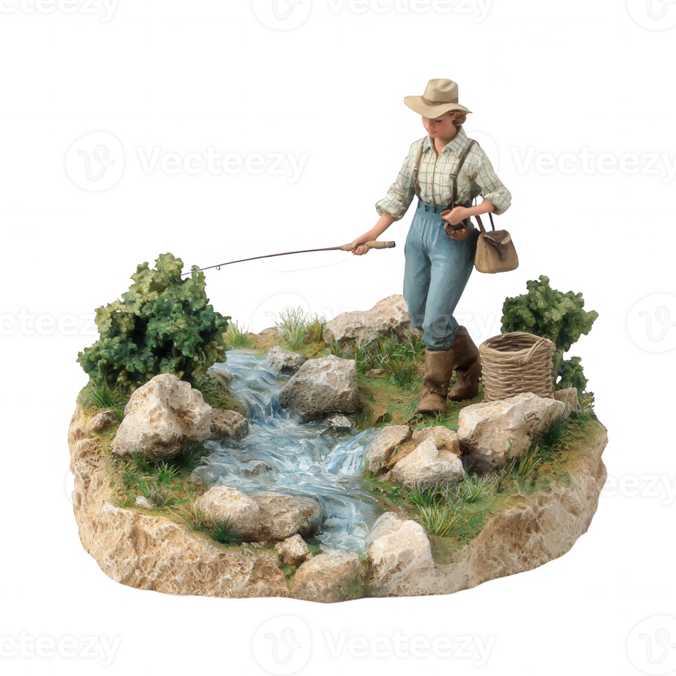 A figure of a person fishing by a serene stream surrounded by rocks and greenery. png