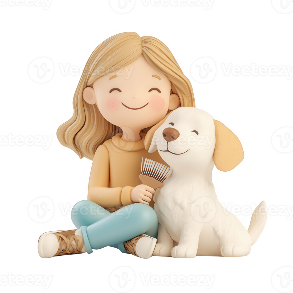 A joyful girl grooming her cute dog, showcasing the bond between children and pets. png