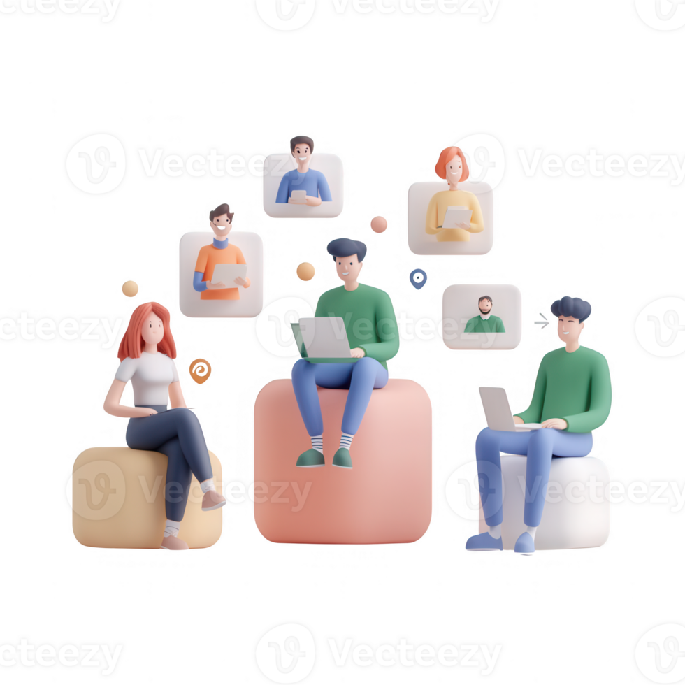 A group of diverse individuals engaged in virtual communication and collaboration. png