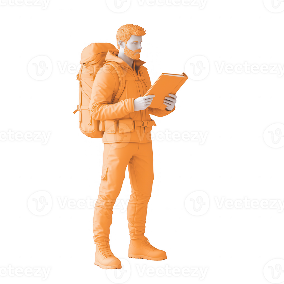 A traveler with a backpack reading a tablet in an outdoor setting, ready for adventure. png