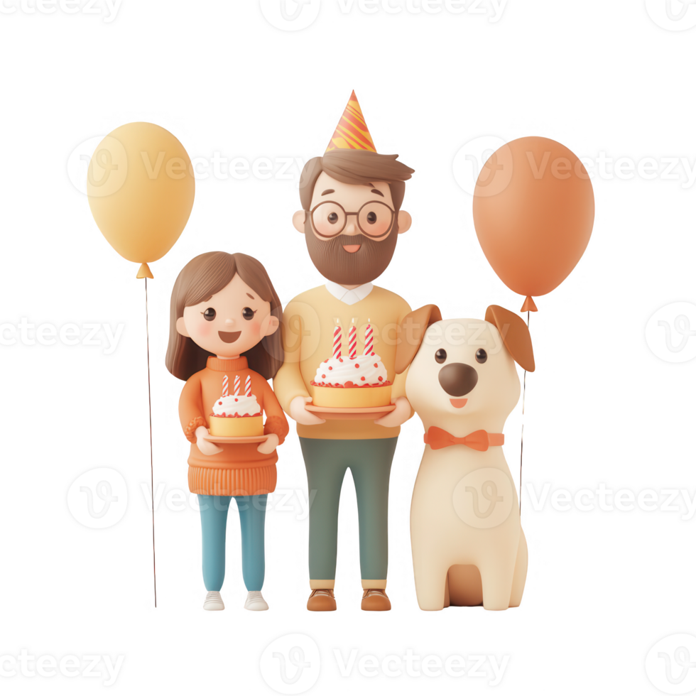 Cheerful family celebrating a birthday with cake, balloons, and a pet dog. png