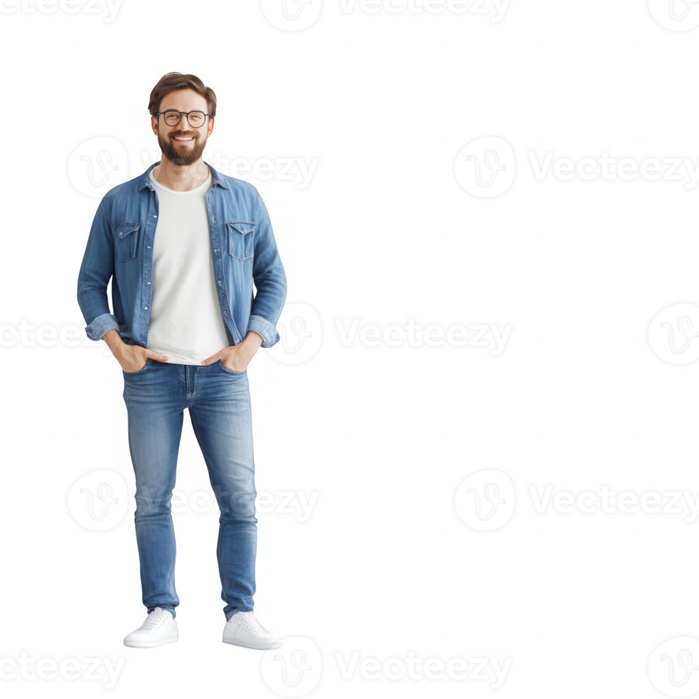 Smiling man in casual attire standing confidently in a bright setting. png