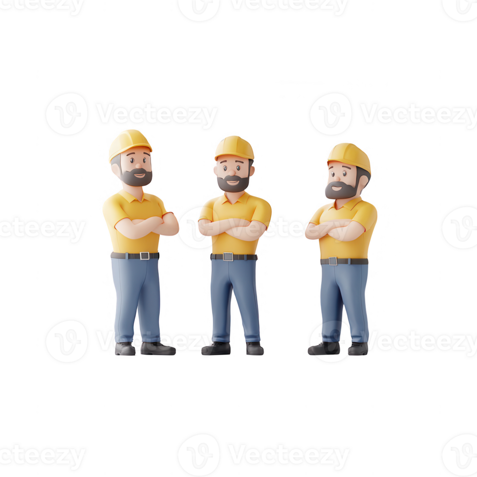 Three construction workers in helmets displaying teamwork and collaboration. png