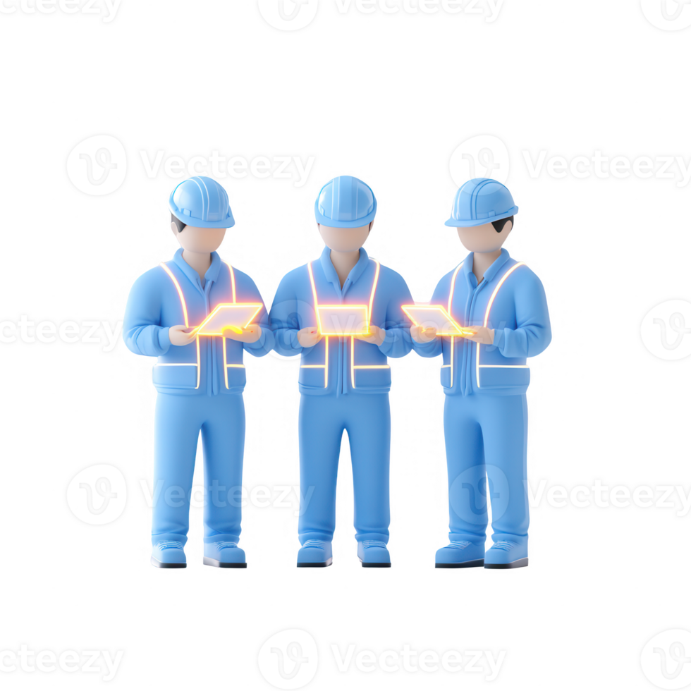 Three construction workers reviewing plans with digital tablets on a job site. png