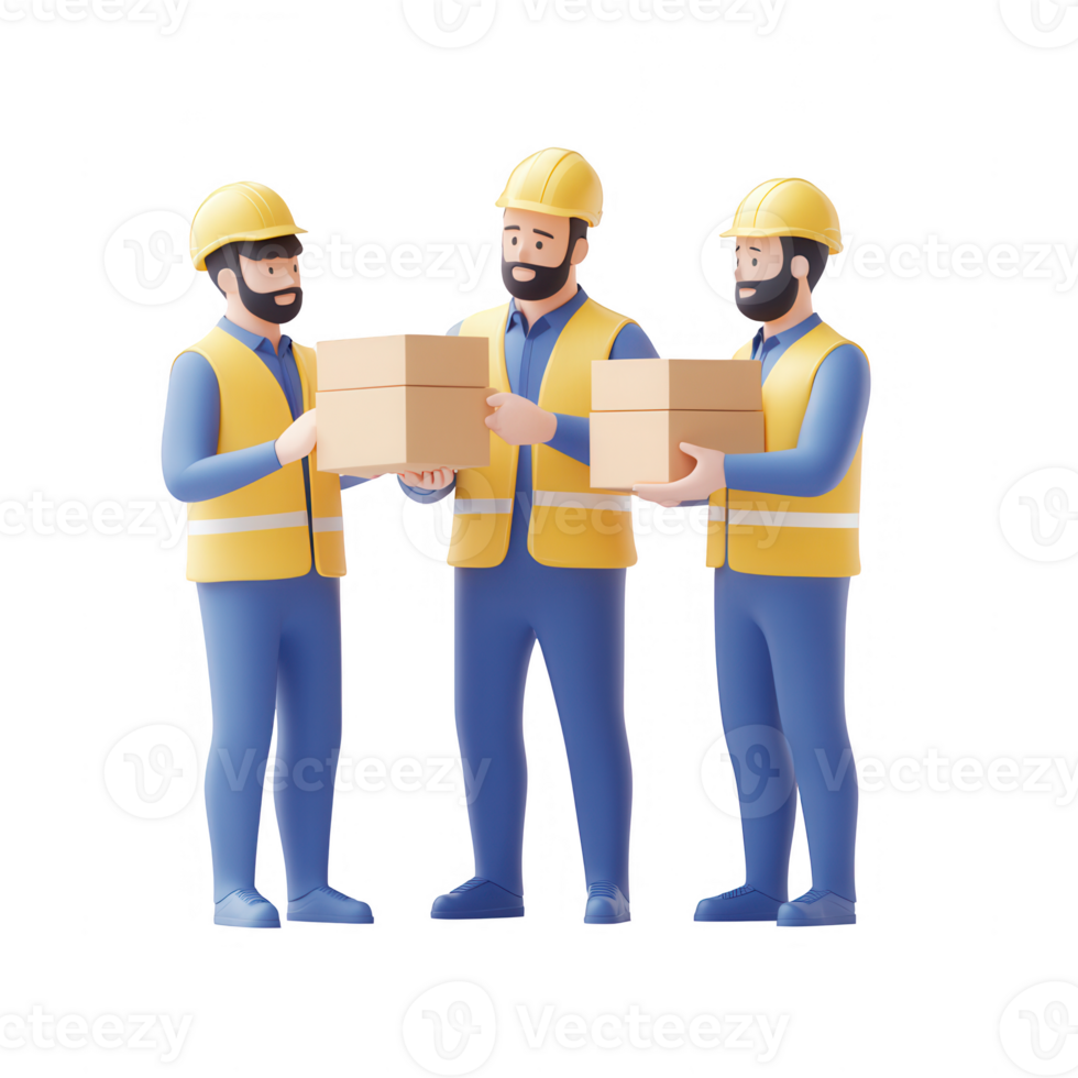 Three construction workers collaborating and sharing boxes at a job site. png