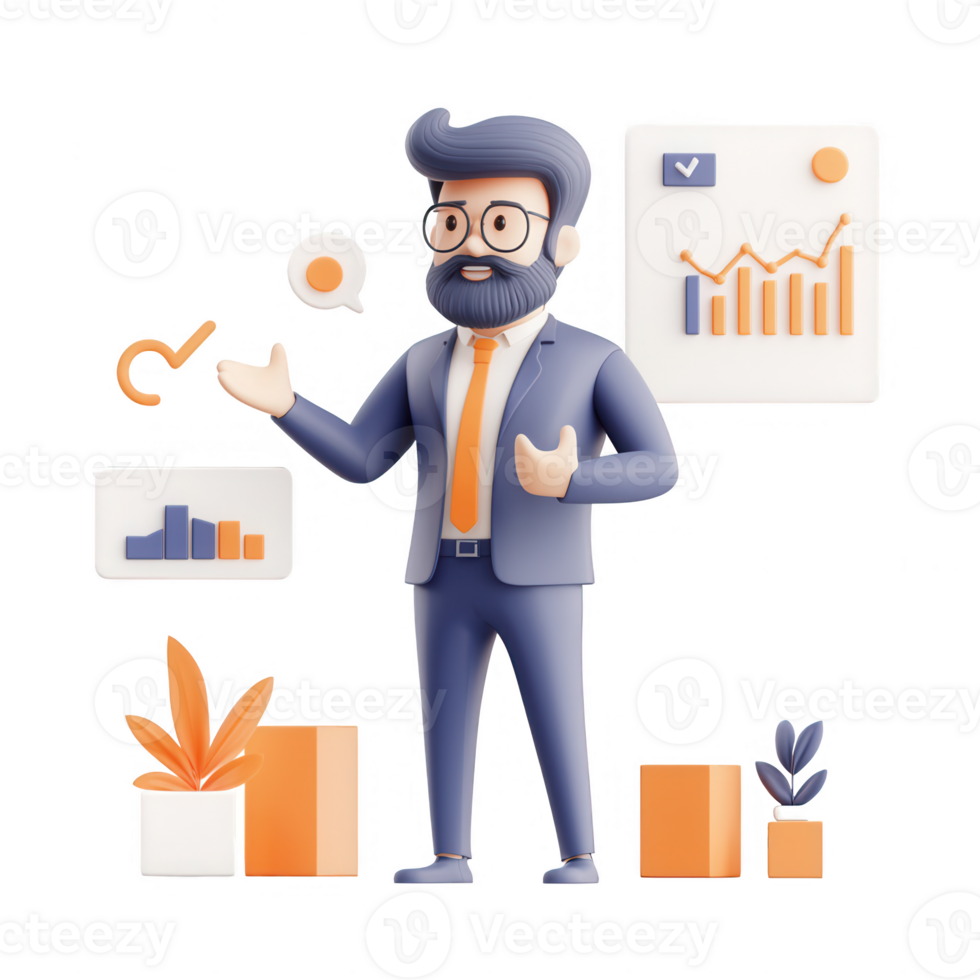 Professional man analyzing data trends with charts and graphs in a modern office setting. png
