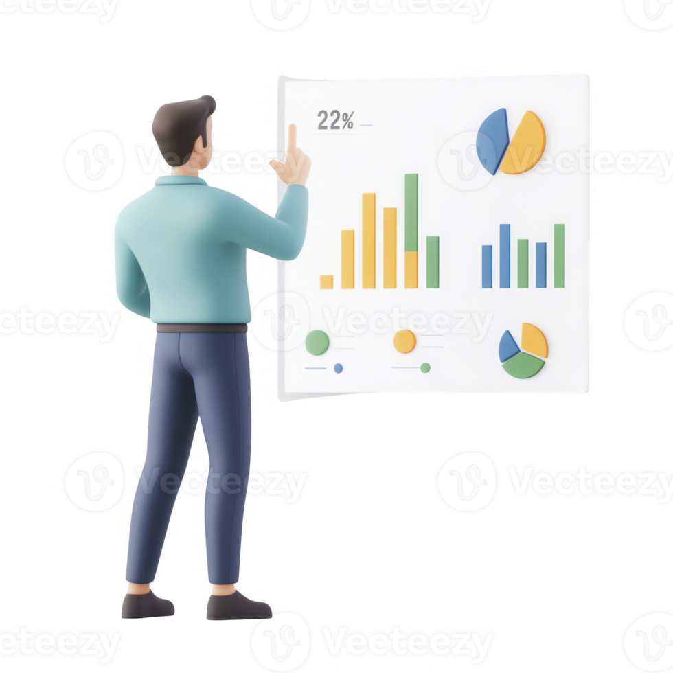 Professional man analyzing data on charts and graphs in a modern office setting. png