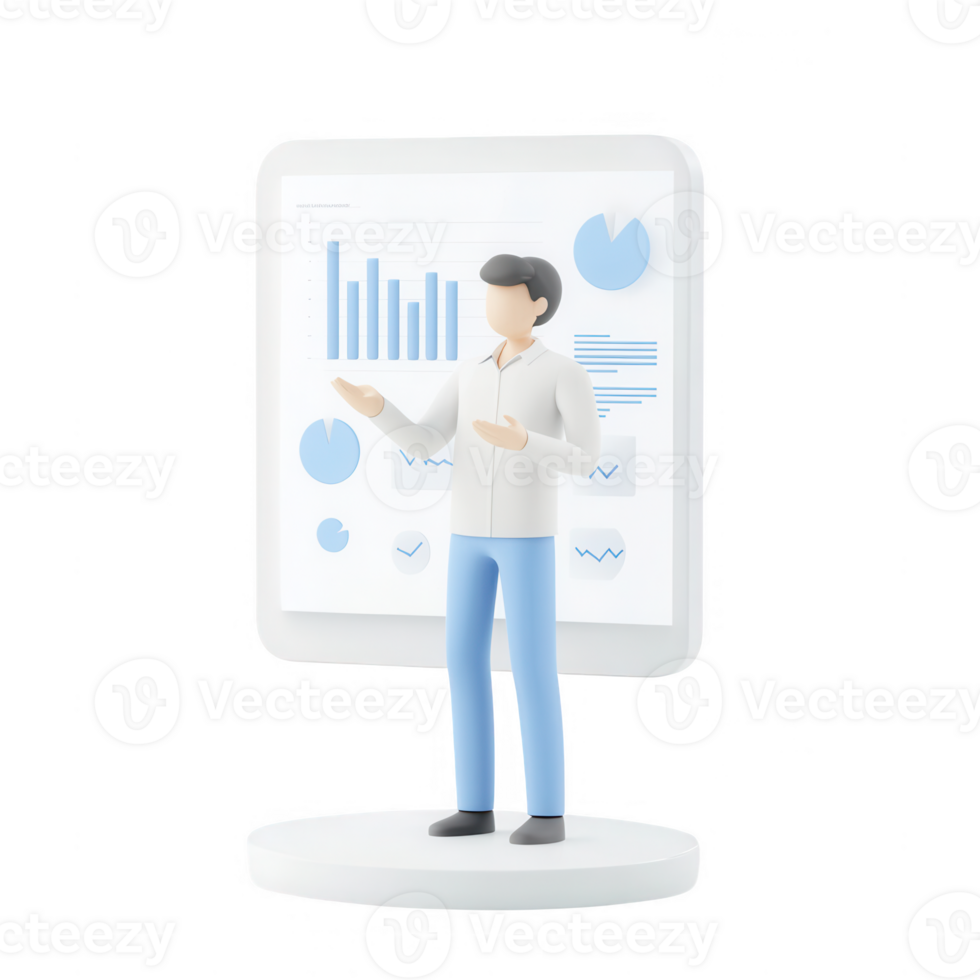 Professional man presenting data visualizations on a digital screen with graphs and charts. png
