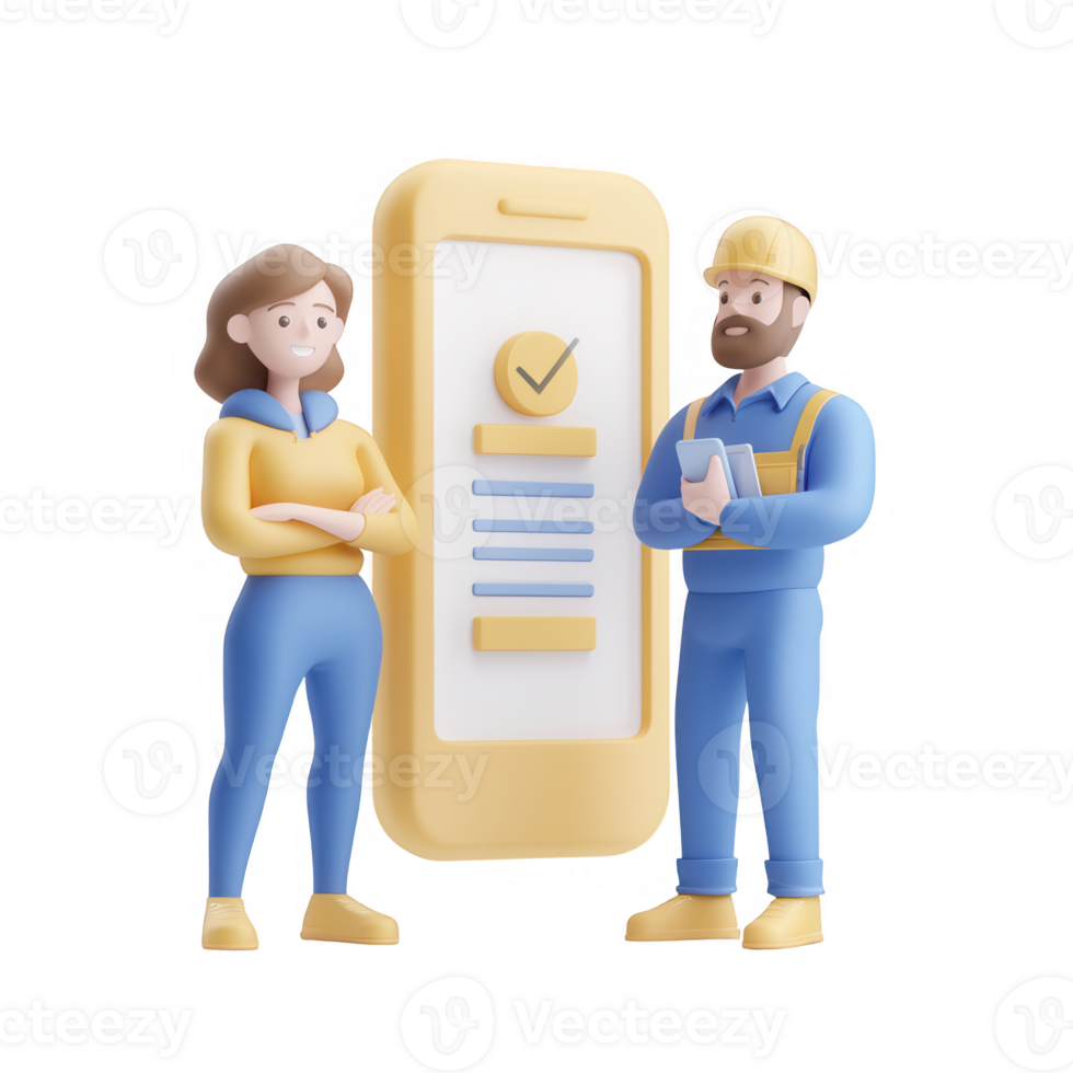 Professional teamwork illustration with a checklist on a mobile device. png
