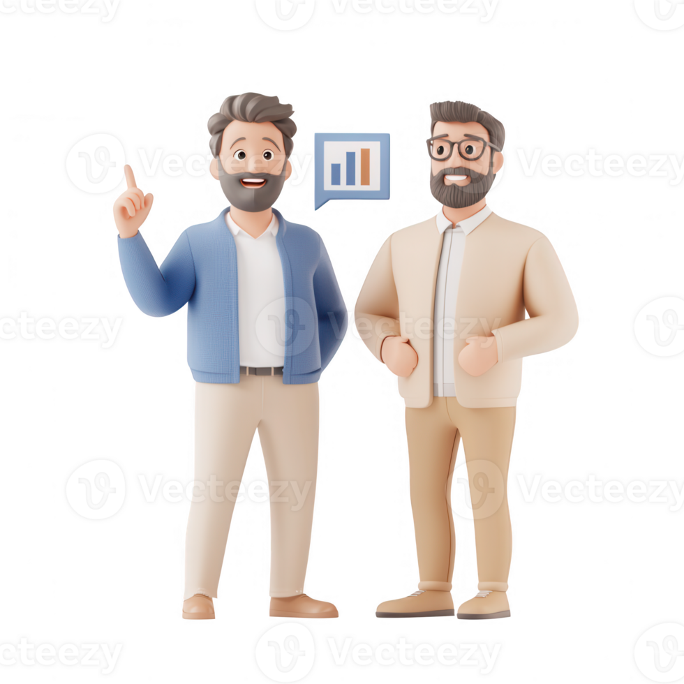 Two men discussing data analysis with a chart illustration behind them. png