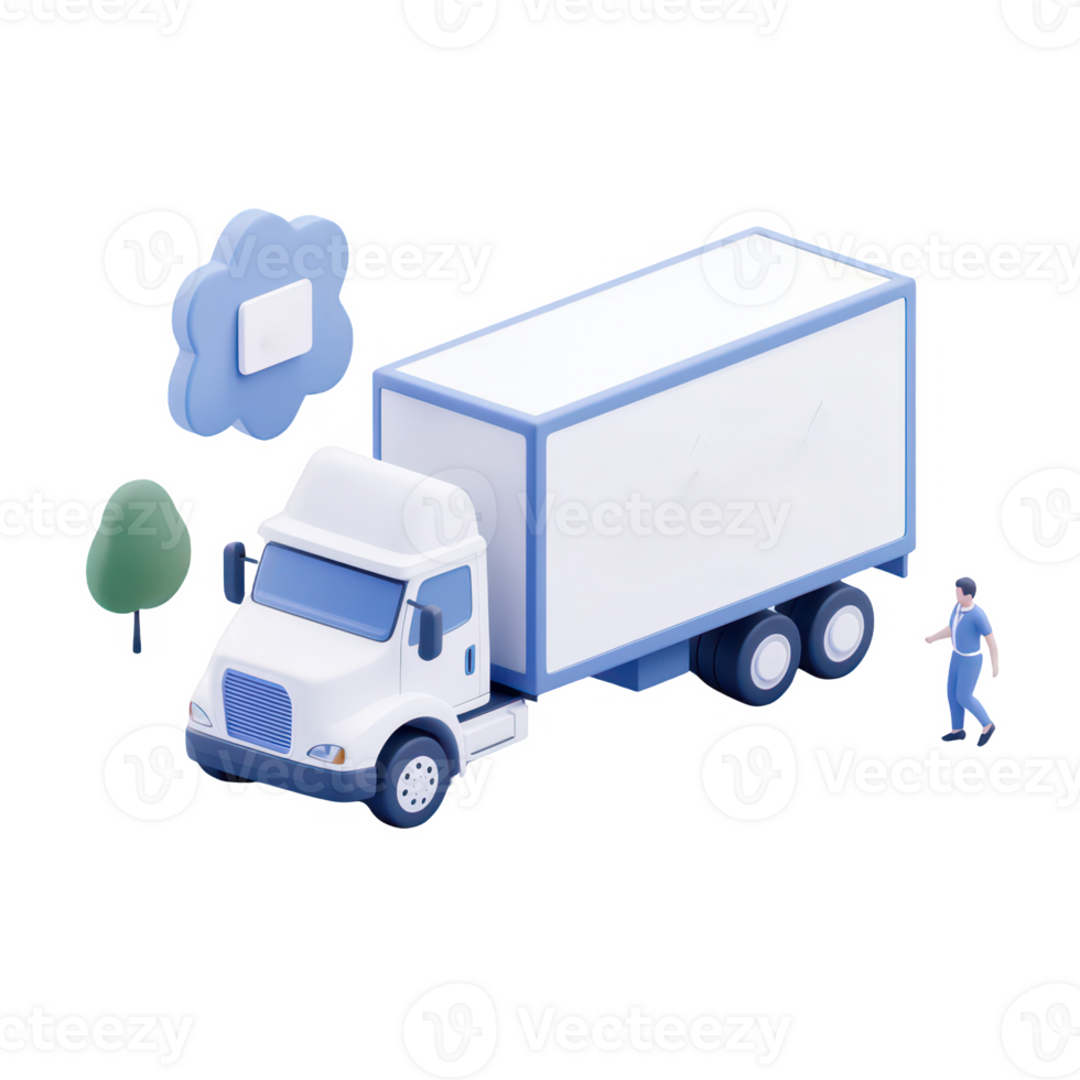 A 3D delivery truck with a driver and cargo in a modern urban setting. png