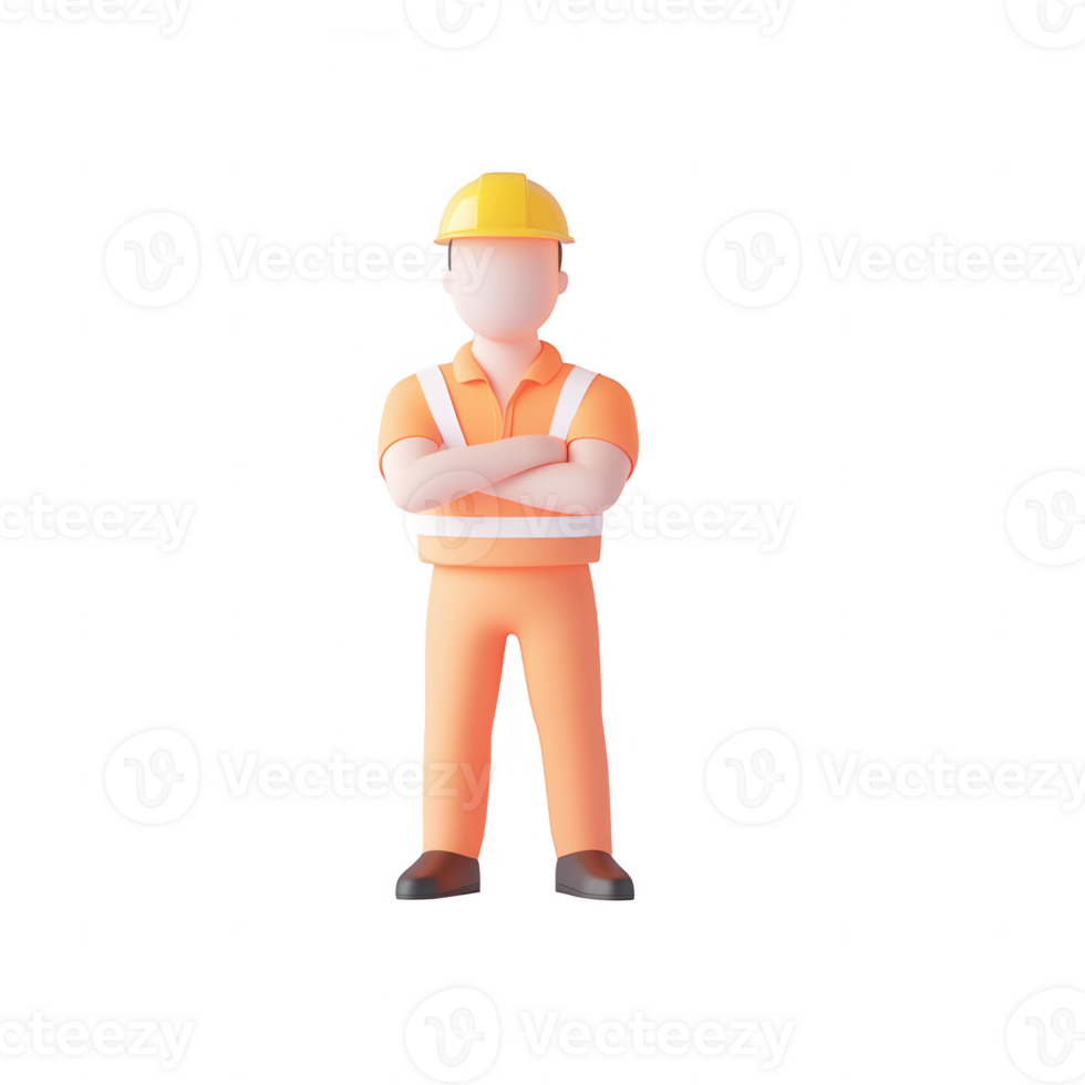 3D construction worker character, ready for work with safety gear and confident stance. png