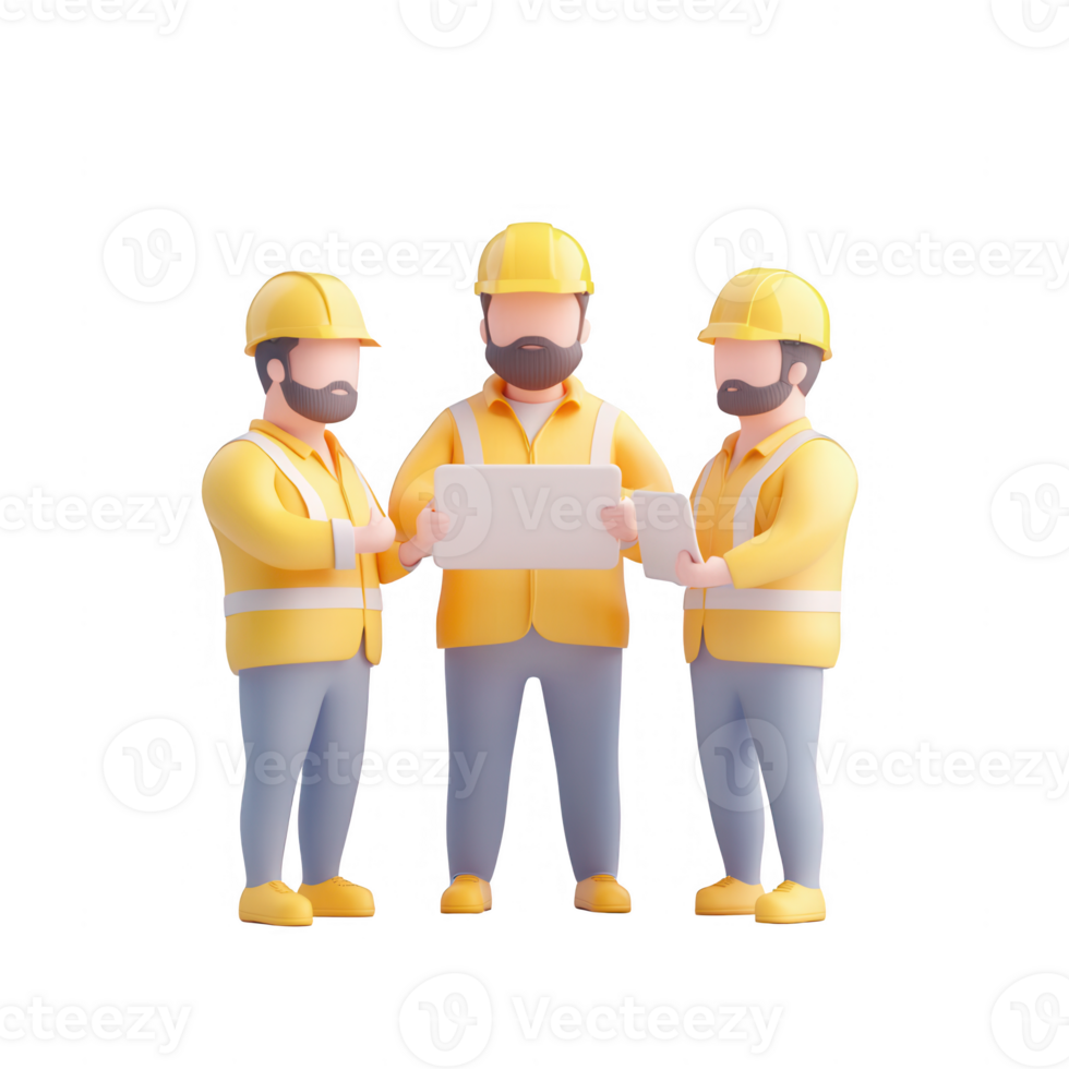 Three workers discussing a project with plans, showcasing teamwork in construction. png