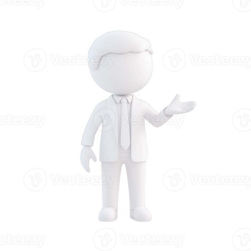 A 3D character in a suit presenting information confidently. png