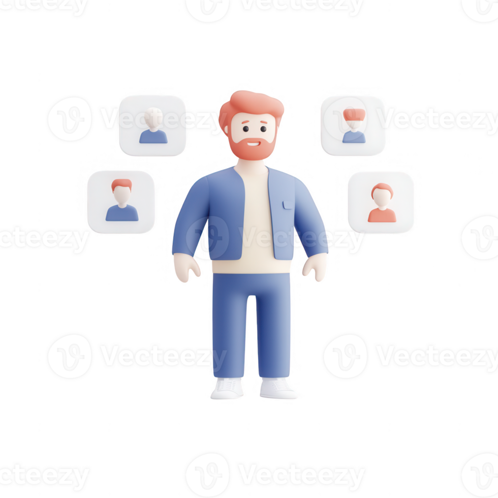 A 3D character interacting with multiple avatars representing networking. png