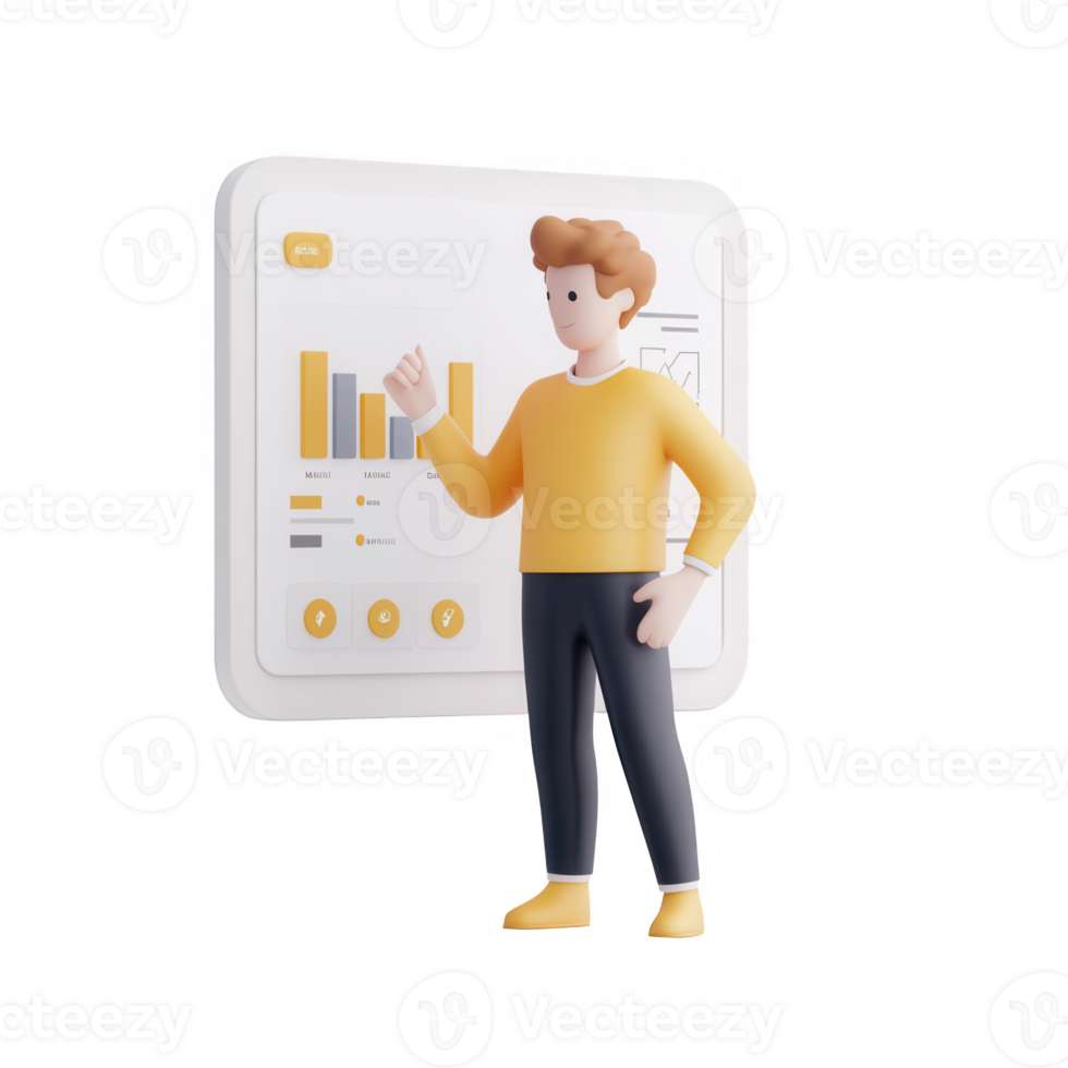 A 3D animated character presenting data analysis on a screen. png