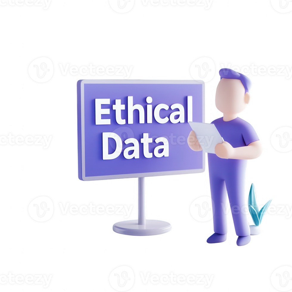 A 3D illustration depicting ethical data usage and management in a digital landscape. png