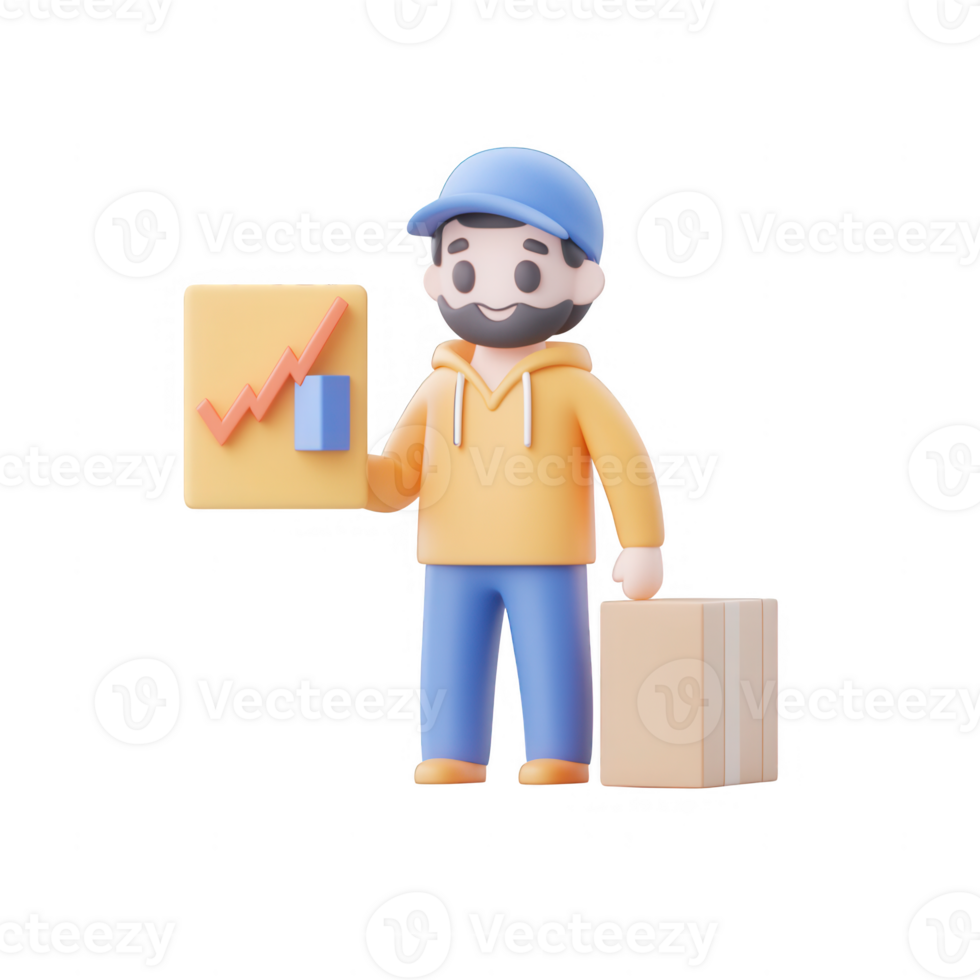 A cartoon character showcasing business growth with a chart and a box. png
