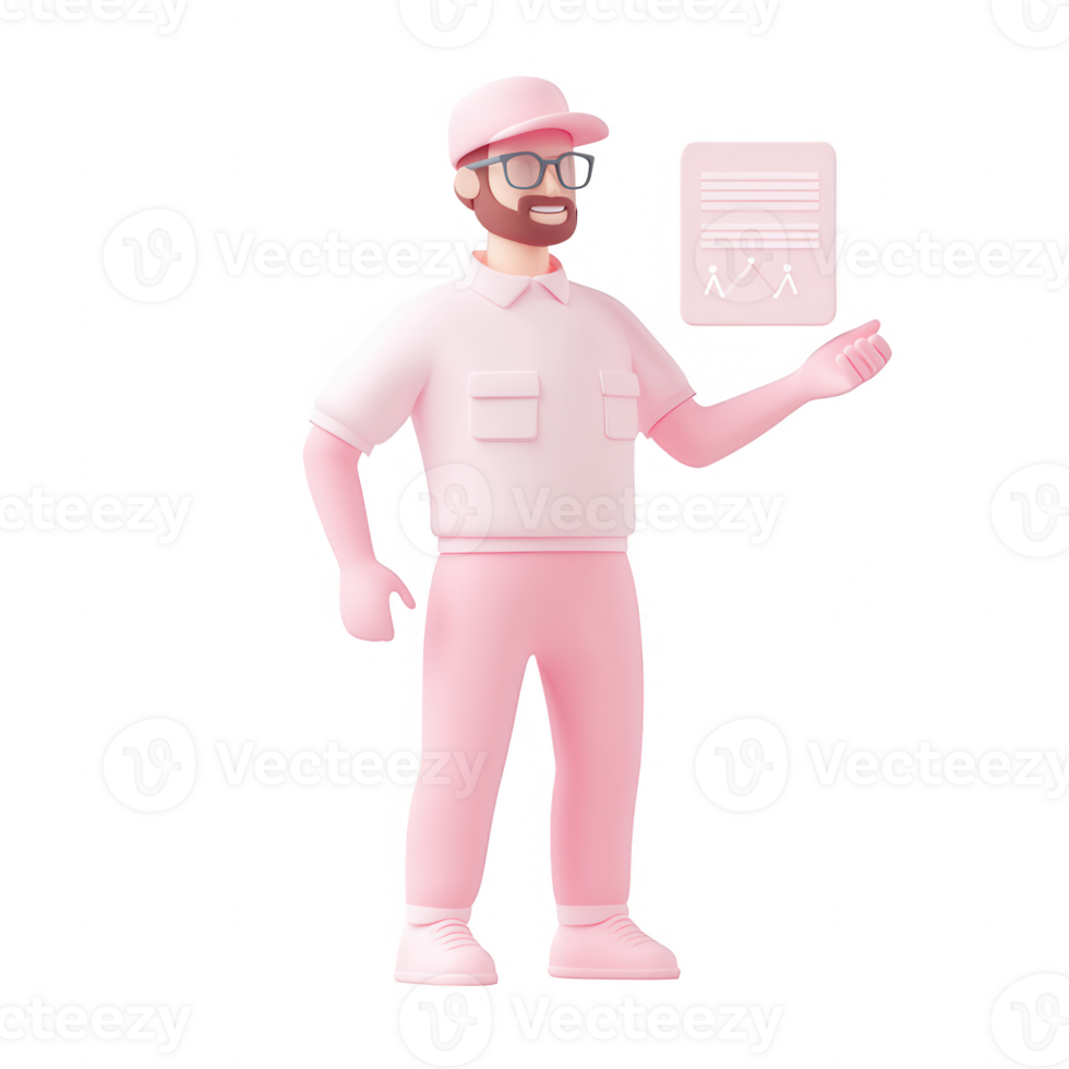A cartoon character presenting business graphs and data insights in a playful style. png