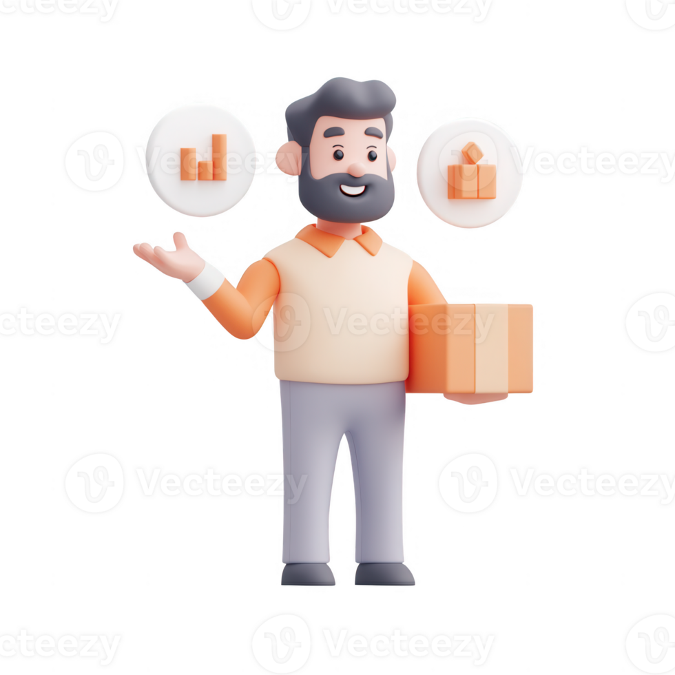 A cheerful businessman juggling data analytics and logistics with a package in hand. png