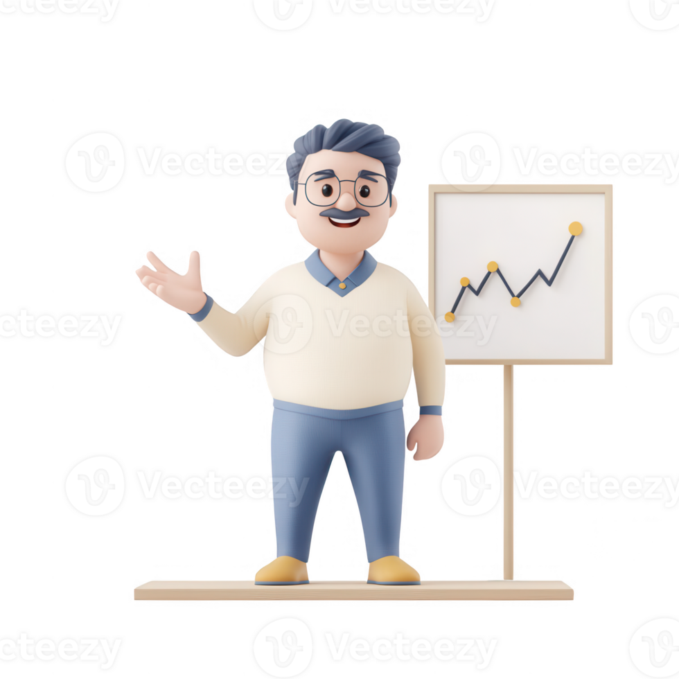 A character presenting business growth data with a graph for effective communication. png