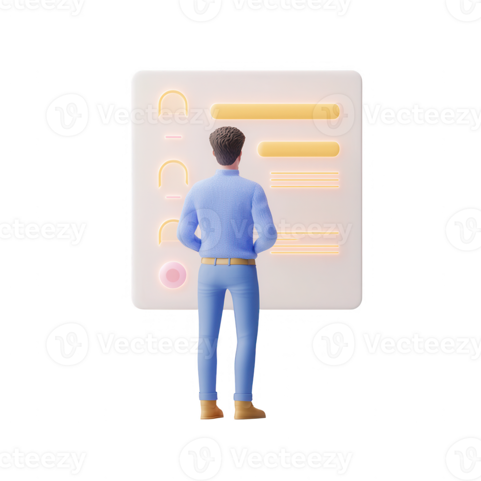 A character interacting with a digital interface for data management tasks. png