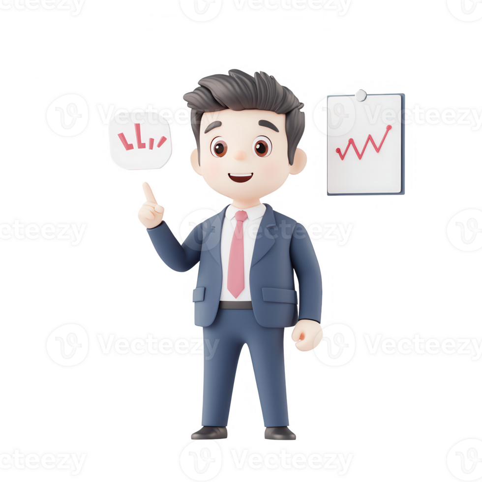 A cheerful businessman presenting financial growth with a graph and positive expression. png