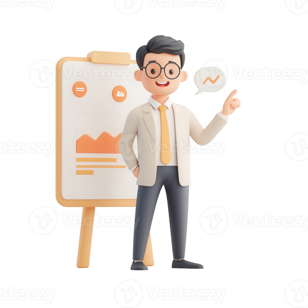 A cheerful businessman presenting data insights with a chart and a positive gesture. png