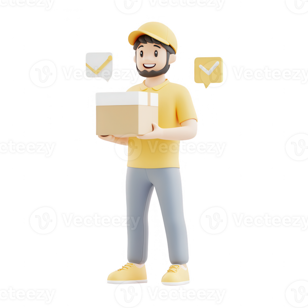 A cheerful delivery person holding a package, symbolizing efficient logistics. png