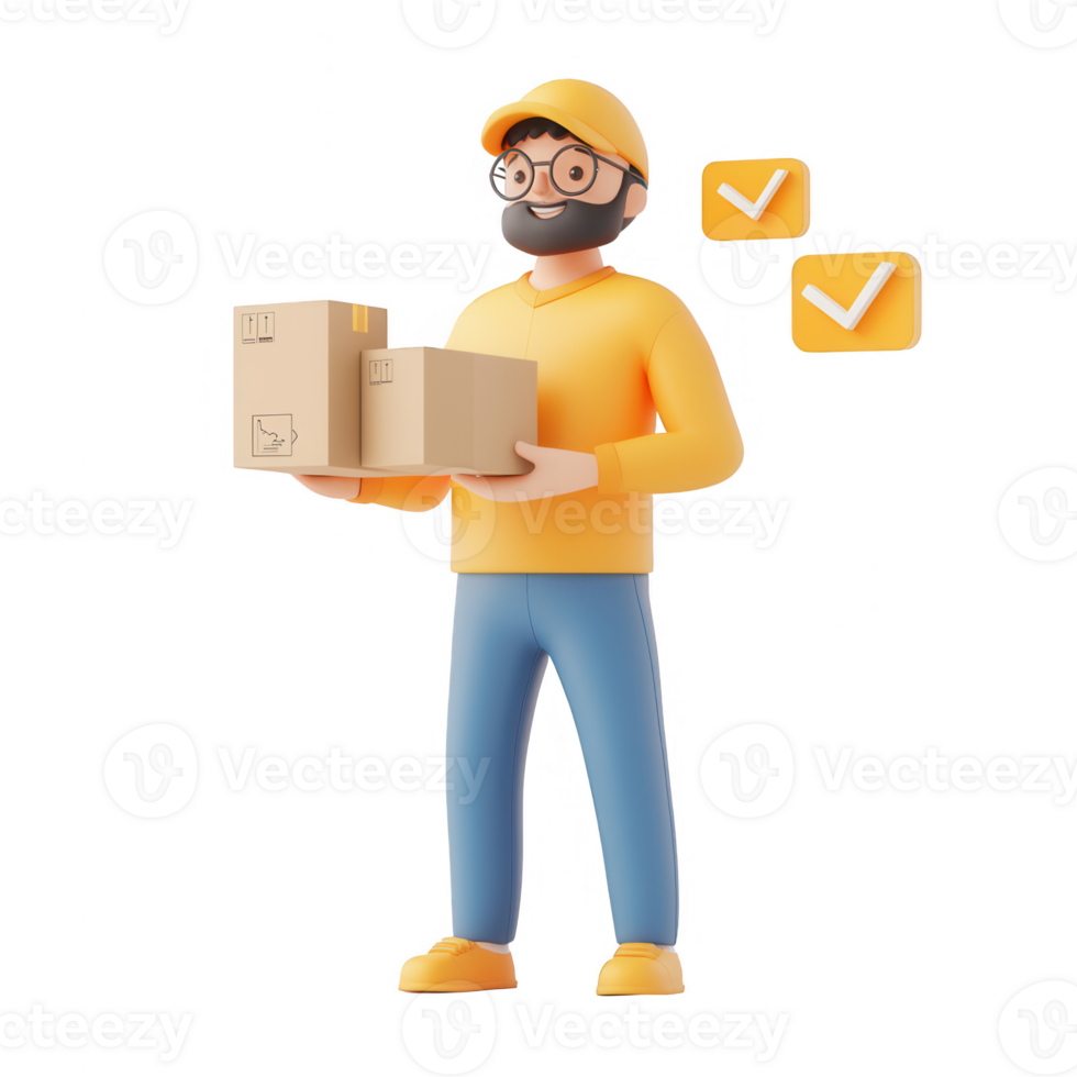 A cheerful delivery person holding boxes with checkmarks, symbolizing efficiency. png