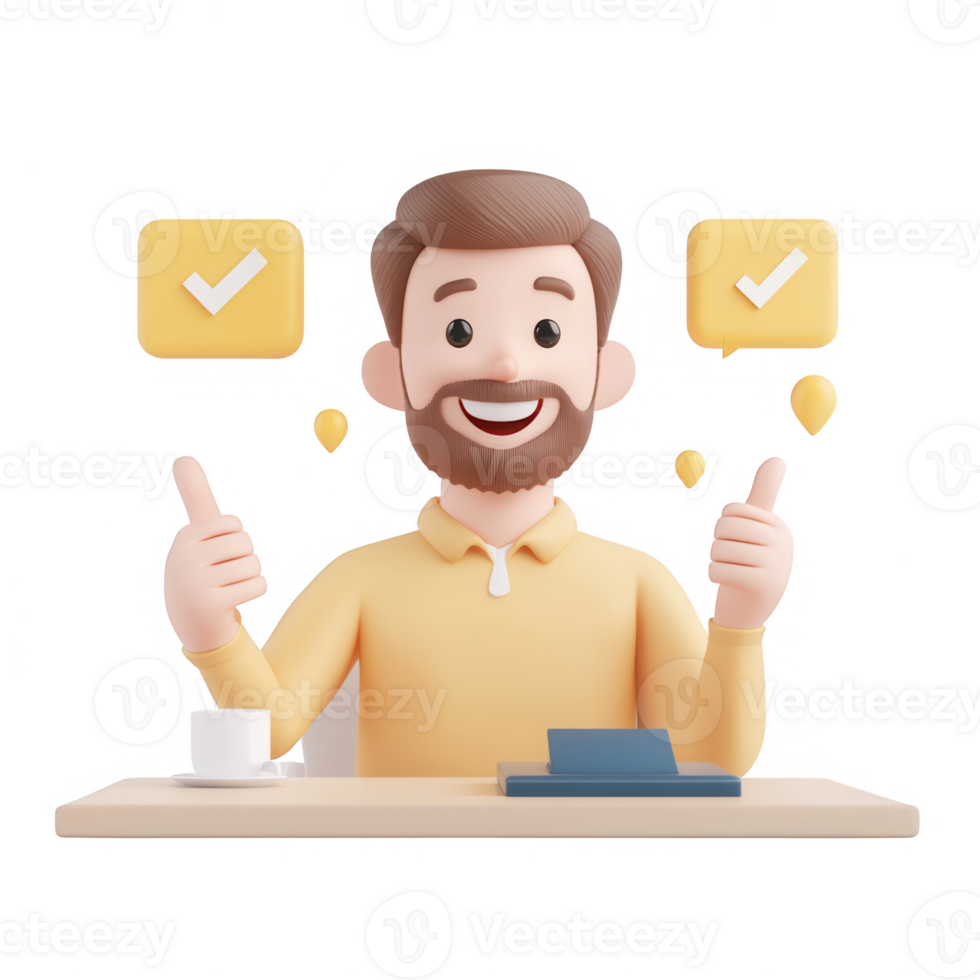A cheerful man giving thumbs up while working on a project with checkmarks. png