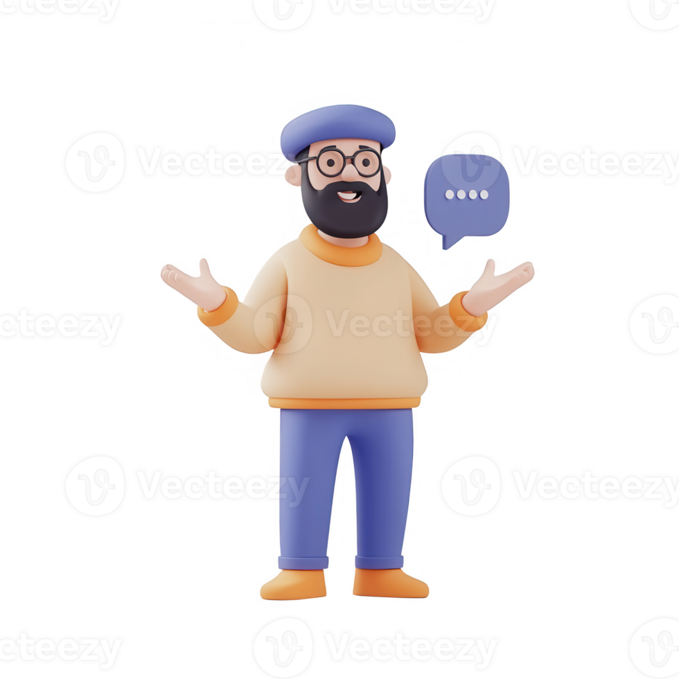 A cheerful man in a casual outfit expressing thoughts with open hands. png
