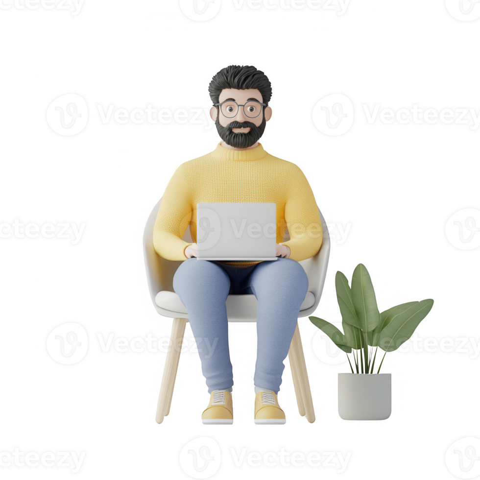 A cheerful man working on a laptop while sitting in a modern chair with a plant nearby. png