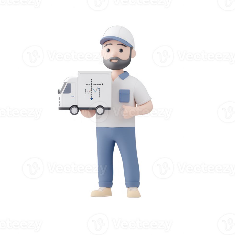 A delivery person holding a miniature truck model in a friendly pose. png