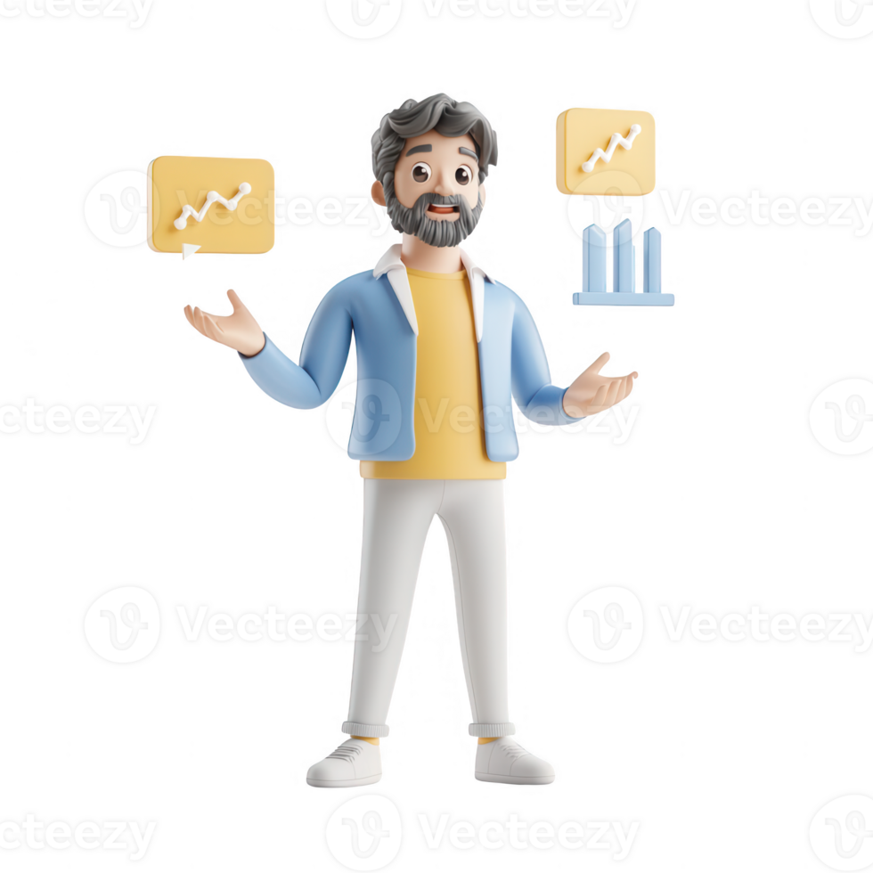A friendly businessman presenting financial data with graphs and charts. png