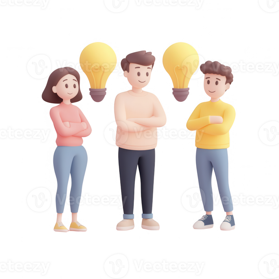 A creative teamwork illustration with three individuals and light bulbs above their heads. png