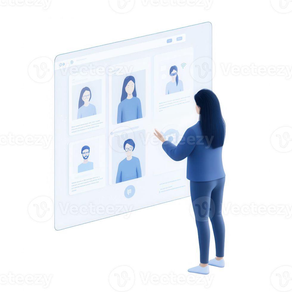 A person interacting with a digital interface showcasing user profiles. png